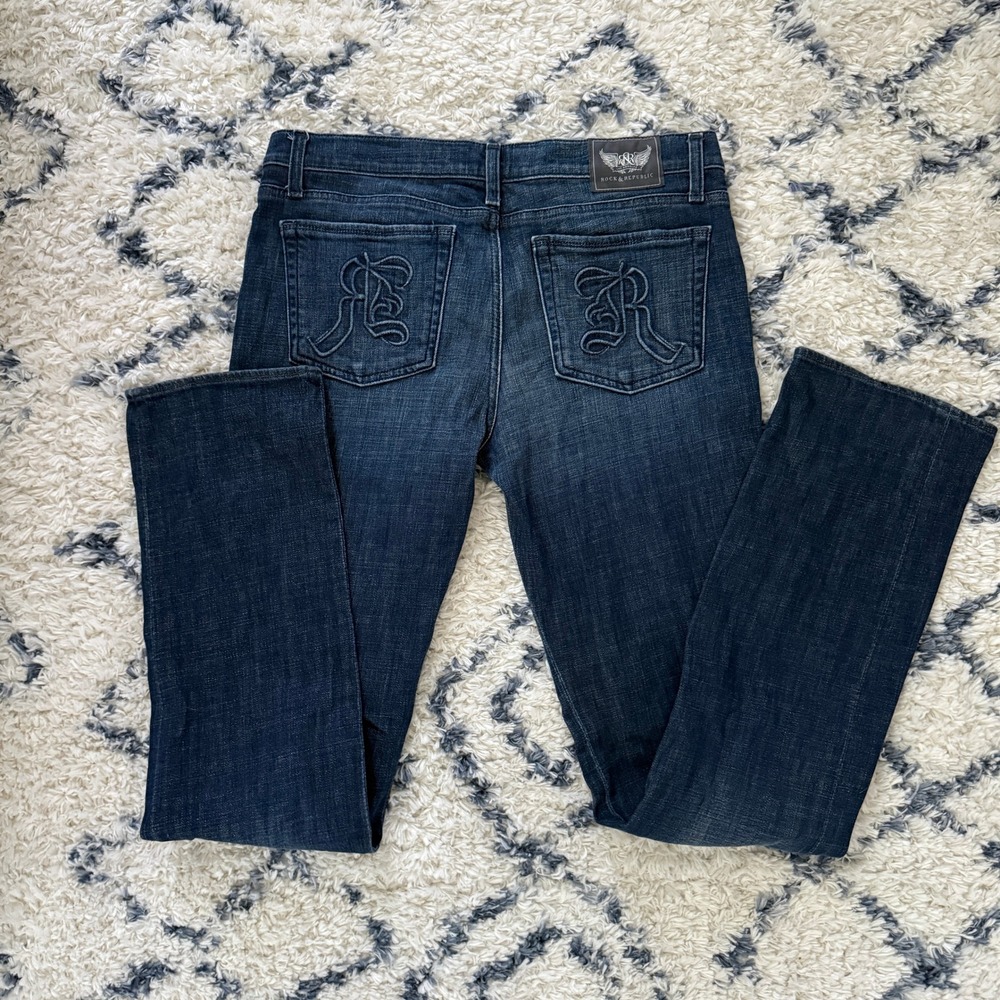 Rock & Republic Stella Jeans Women 31 Dark Wash Straight Leg Embroidered Logo